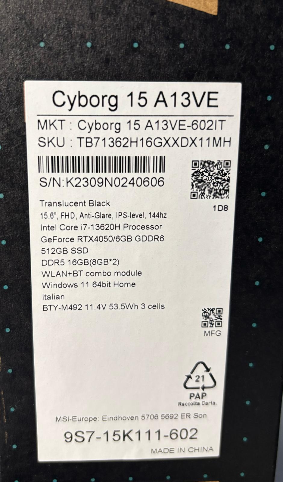 Gaming MSI Cyborg 15 Core i7 16Gb RTX 9/01/24 - immagine 5